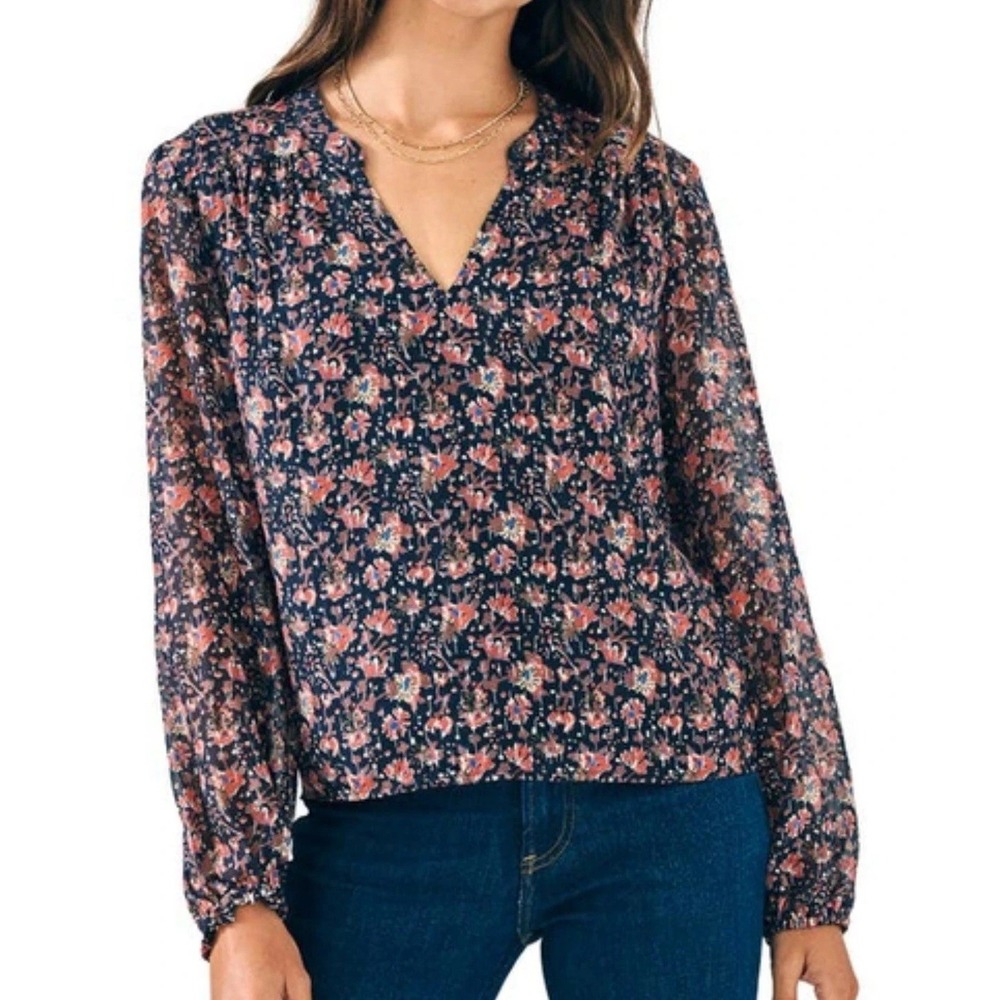 Faberty Blouse Womens XXL Silk Cotton Metallic Floral Peasant Balloon Sleeve NWT